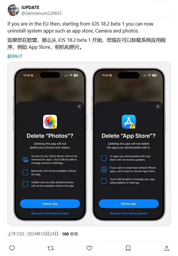 隆安苹果手机维修分享iOS 18.2 支持删除 App Store 应用商店 